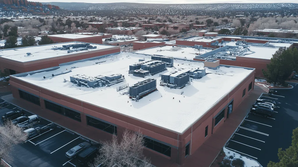 A commercial roof on a call center in a location similar to Sedona with a snowy day aesthetic (AI image)
