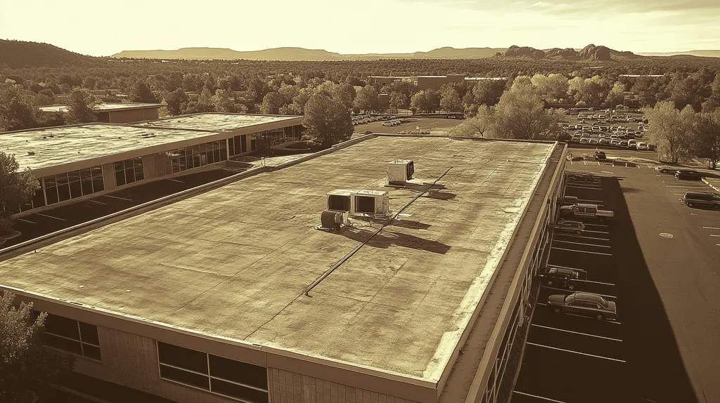 A commercial roof on a call center in a location similar to Sedona with a tintype aesthetic (AI image)