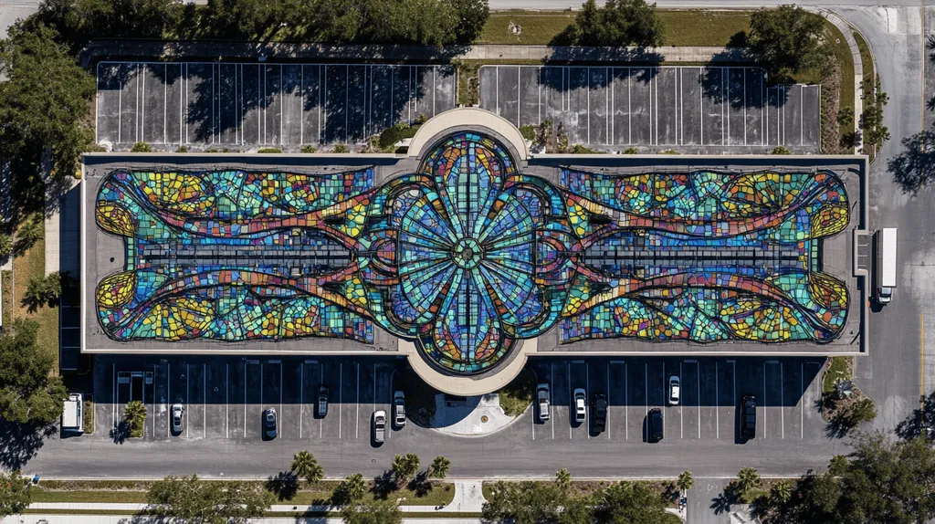 A commercial roof on a call center in a location similar to Tampa with a stained glass style aesthetic (AI image)