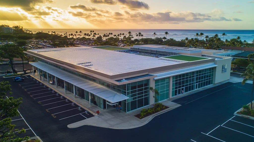 A commercial roof on a community recreation center in a location similar to Honolulu with a light beams aesthetic (AI image)