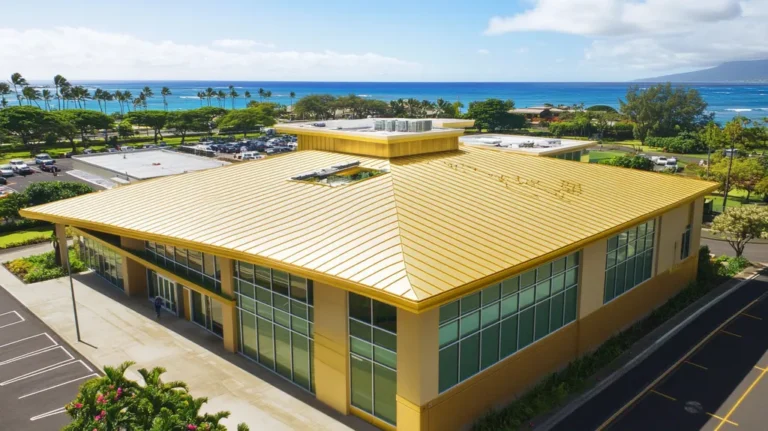 A commercial roof on a community recreation center in a location similar to Honolulu with a solid gold aesthetic (AI image)
