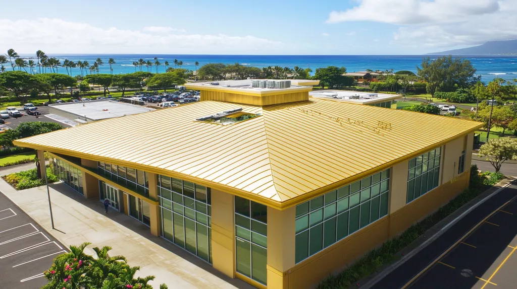 A commercial roof on a community recreation center in a location similar to Honolulu with a solid gold aesthetic (AI image)