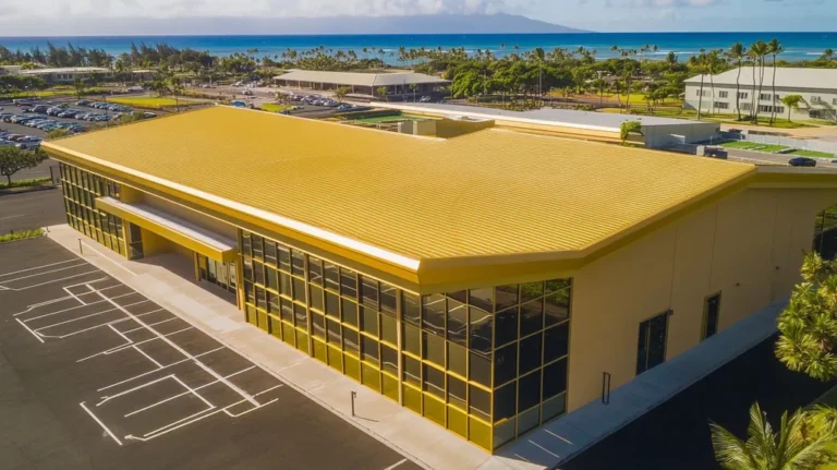A commercial roof on a community recreation center in a location similar to Honolulu with a solid gold aesthetic (AI image)
