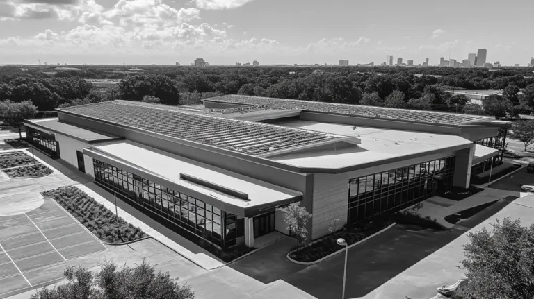 A commercial roof on a community recreation center in a location similar to Houston with a black and white photography aesthetic (AI image)
