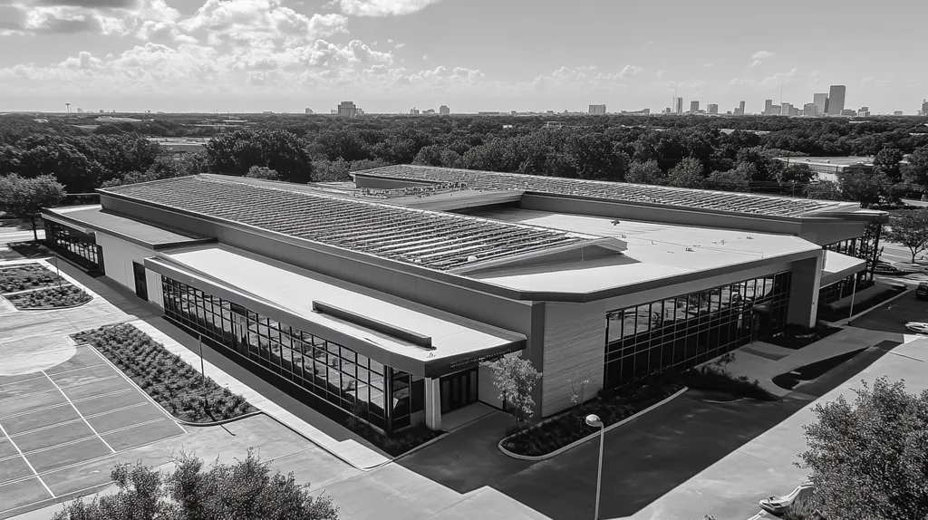 A commercial roof on a community recreation center in a location similar to Houston with a black and white photography aesthetic (AI image)