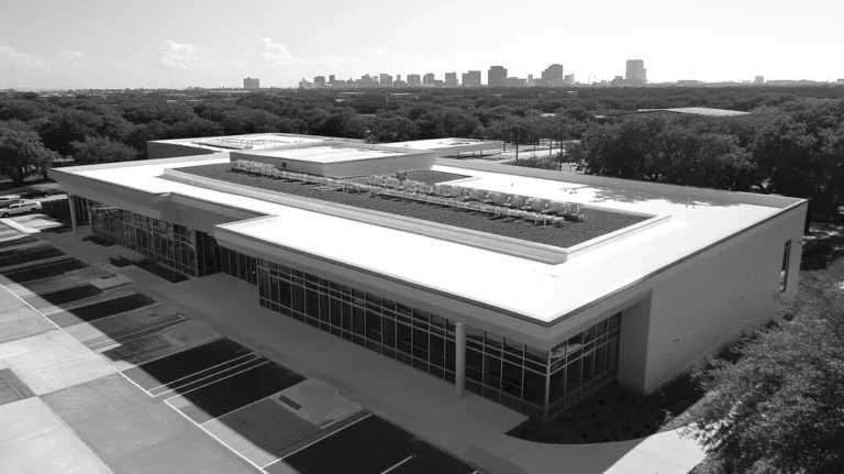 A commercial roof on a community recreation center in a location similar to Houston with a black and white photography aesthetic (AI image)