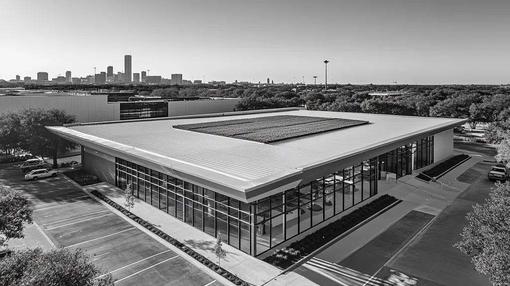 A commercial roof on a community recreation center in a location similar to Houston with a black and white photography aesthetic (AI image)