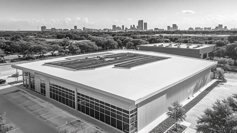 A commercial roof on a community recreation center in a location similar to Houston with a black and white photography aesthetic (AI image)