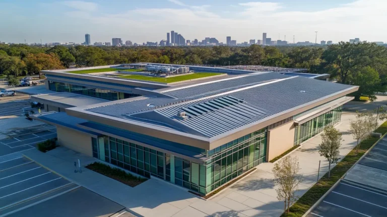 A commercial roof on a community recreation center in a location similar to Houston with a color highlight aesthetic (AI image)