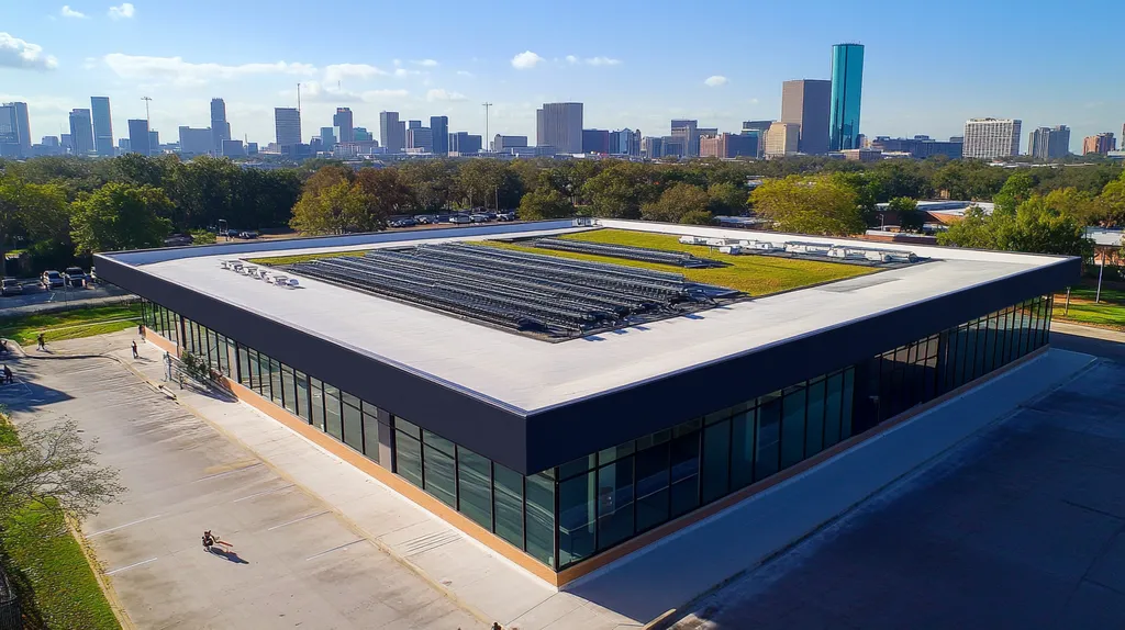 A commercial roof on a community recreation center in a location similar to Houston with a comic book style aesthetic (AI image)
