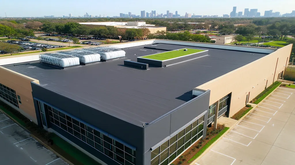 A commercial roof on a community recreation center in a location similar to Houston with a comic book style aesthetic (AI image)