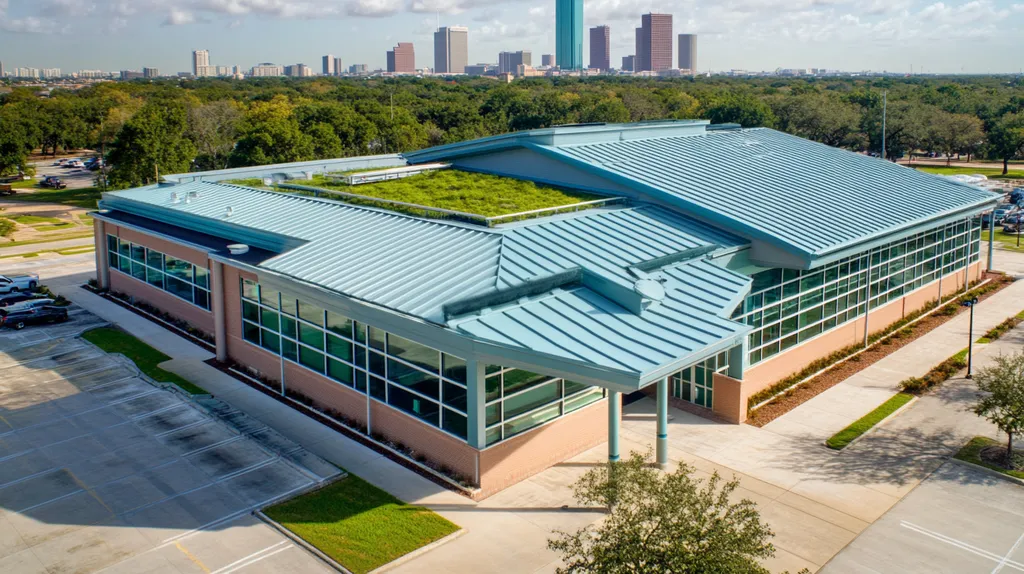A commercial roof on a community recreation center in a location similar to Houston with a cross-processed look aesthetic (AI image)