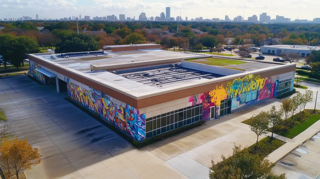 A commercial roof on a community recreation center in a location similar to Houston with a graffiti mural aesthetic (AI image)