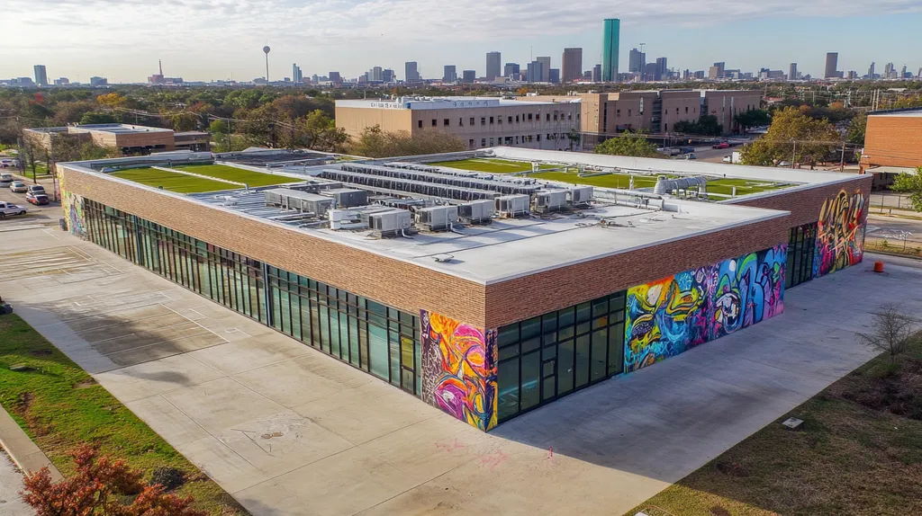 A commercial roof on a community recreation center in a location similar to Houston with a graffiti mural aesthetic (AI image)