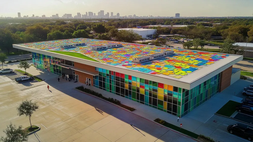 A commercial roof on a community recreation center in a location similar to Houston with a stained glass style aesthetic (AI image)