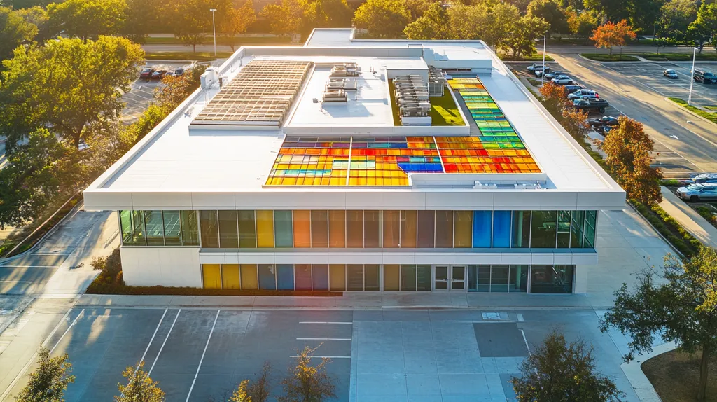 A commercial roof on a community recreation center in a location similar to Houston with a stained glass style aesthetic (AI image)