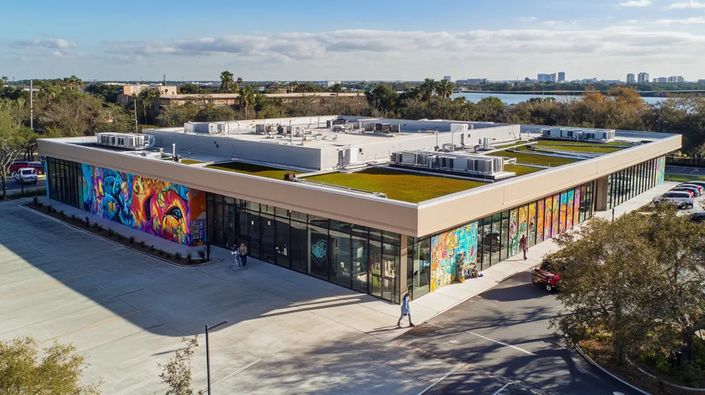 A commercial roof on a community recreation center in a location similar to Jacksonville with a graffiti mural aesthetic (AI image)