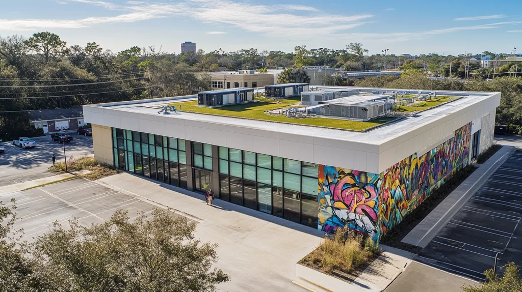 A commercial roof on a community recreation center in a location similar to Jacksonville with a graffiti mural aesthetic (AI image)