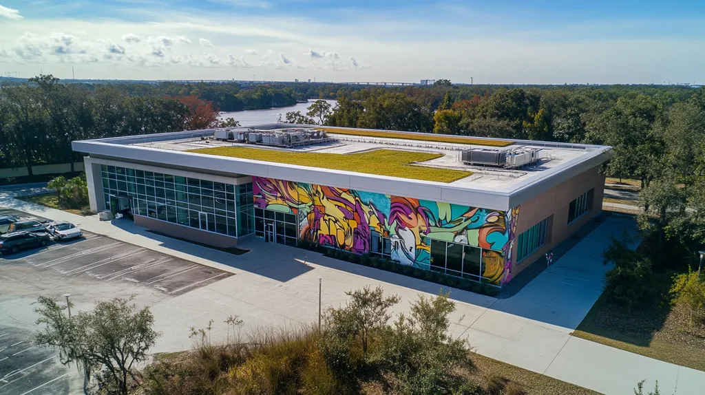A commercial roof on a community recreation center in a location similar to Jacksonville with a graffiti mural aesthetic (AI image)