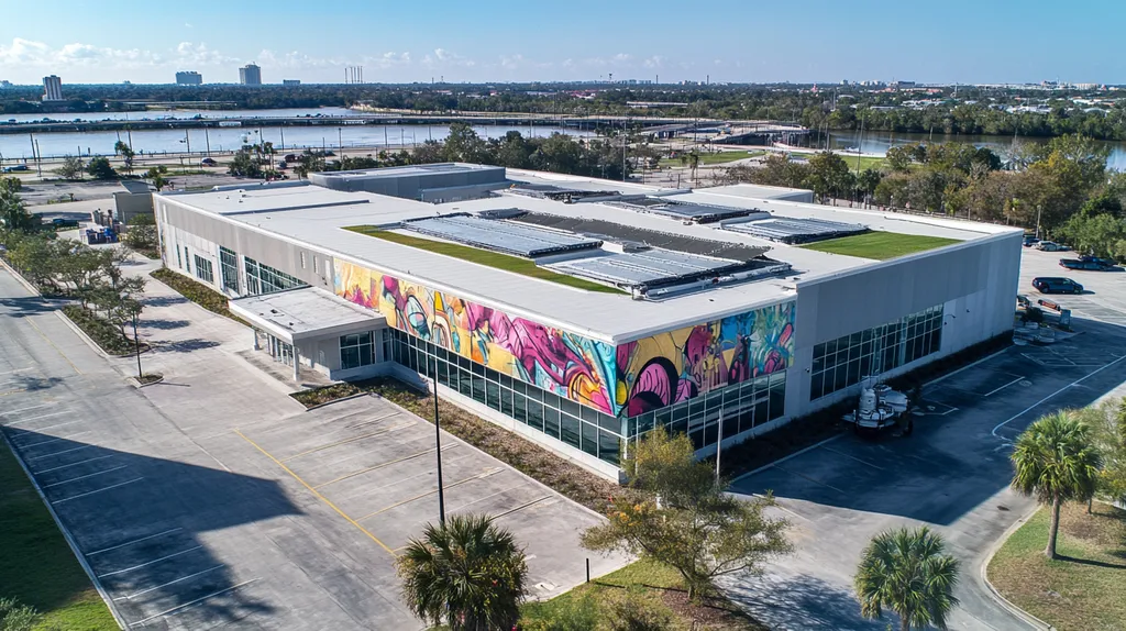 A commercial roof on a community recreation center in a location similar to Jacksonville with a graffiti mural aesthetic (AI image)