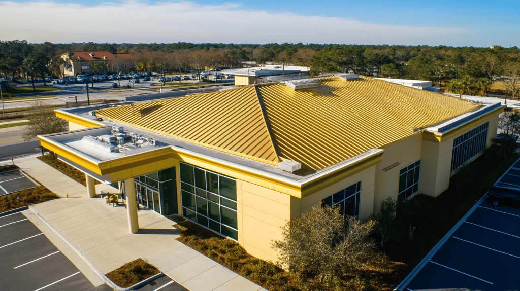 A commercial roof on a community recreation center in a location similar to Jacksonville with a solid gold aesthetic (AI image)