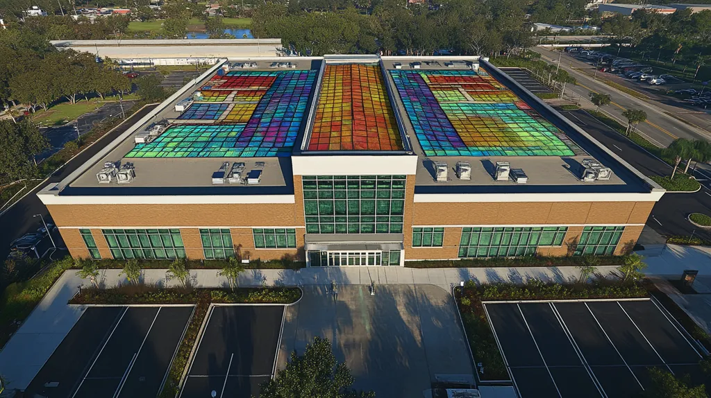 A commercial roof on a community recreation center in a location similar to Jacksonville with a stained glass style aesthetic (AI image)