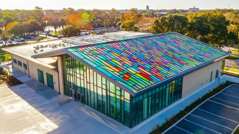A commercial roof on a community recreation center in a location similar to Jacksonville with a stained glass style aesthetic (AI image)