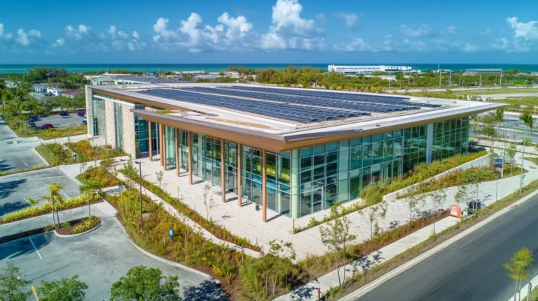 A commercial roof on a community recreation center in a location similar to Key West with an urban context aesthetic (AI image)