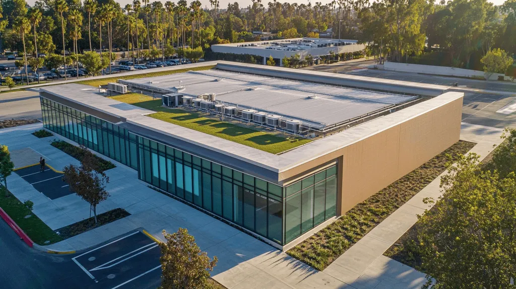 A commercial roof on a community recreation center in a location similar to Los Angeles with an architectural photography aesthetic (AI image)