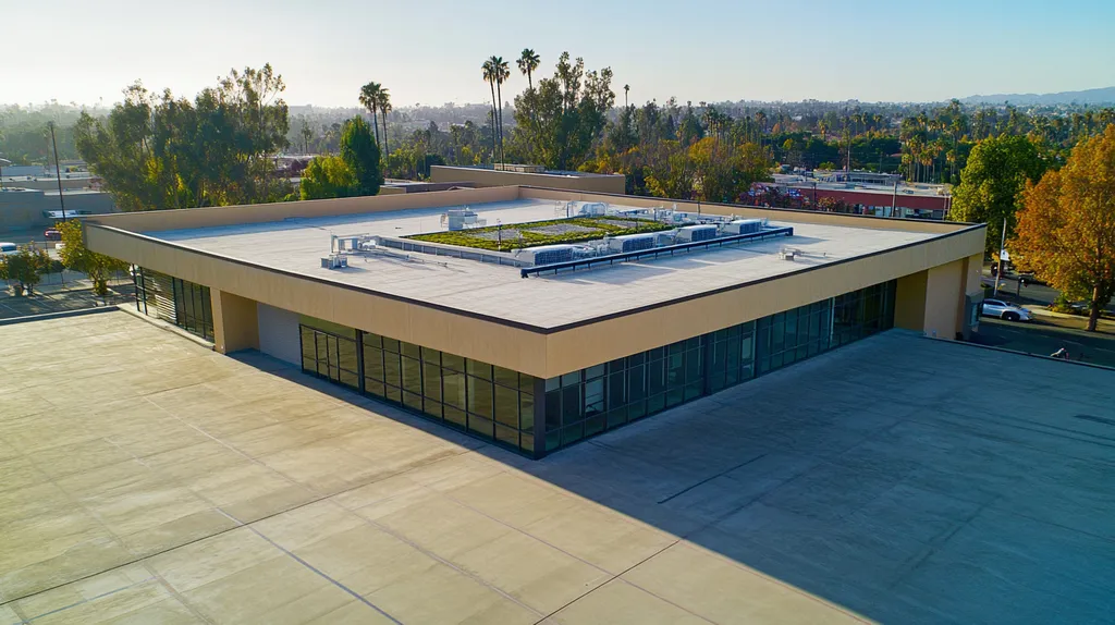 A commercial roof on a community recreation center in a location similar to Los Angeles with an architectural photography aesthetic (AI image)