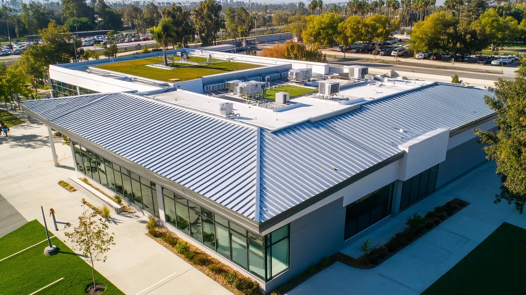 A commercial roof on a community recreation center in a location similar to Los Angeles with a stainless steel aesthetic (AI image)