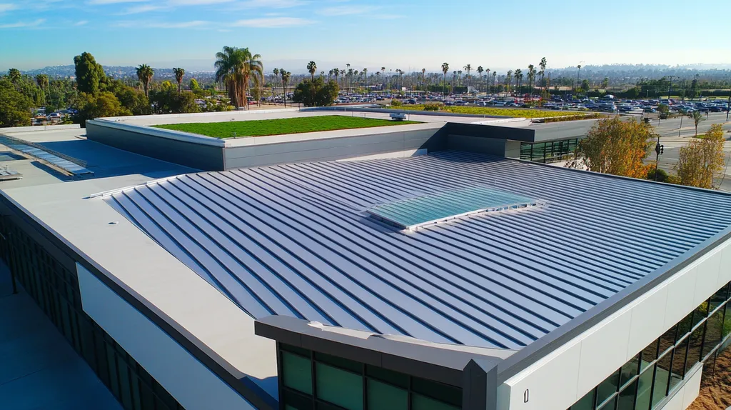 A commercial roof on a community recreation center in a location similar to Los Angeles with a stainless steel aesthetic (AI image)