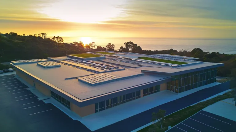 A commercial roof on a community recreation center in a location similar to Malibu with a light beams aesthetic (AI image)