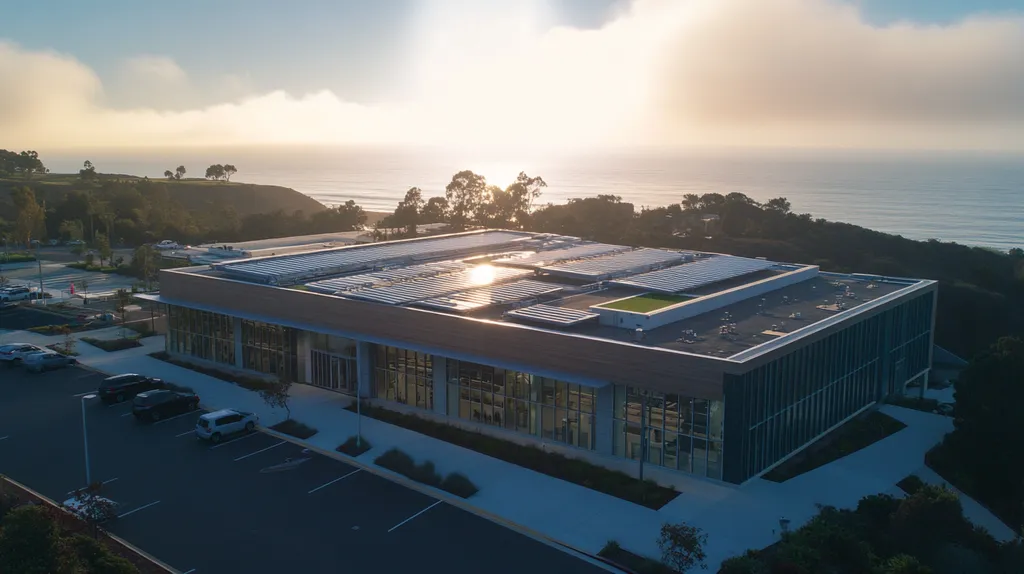 A commercial roof on a community recreation center in a location similar to Malibu with a light beams aesthetic (AI image)