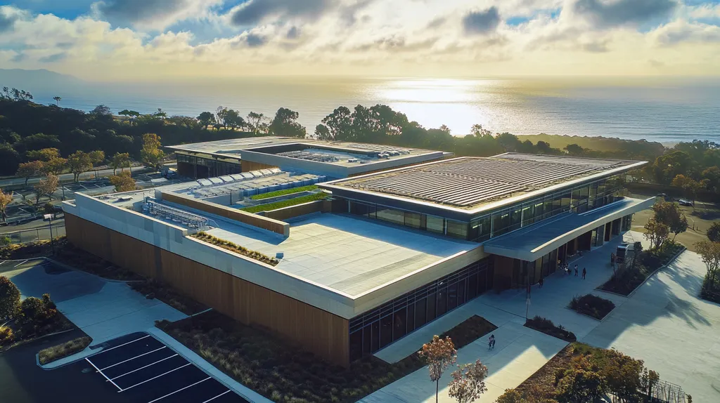 A commercial roof on a community recreation center in a location similar to Malibu with light beams aesthetic (AI image)