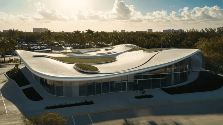 A commercial roof on a community recreation center in a location similar to Miami with a futuristic aesthetic (AI image)