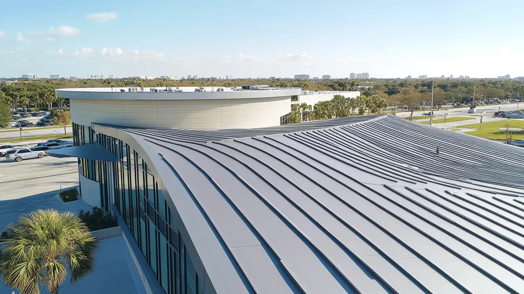A commercial roof on a community recreation center in a location similar to Miami with a futuristic aesthetic (AI image)