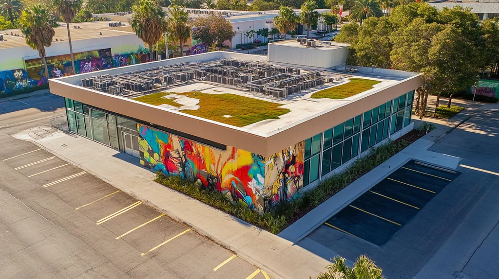 A commercial roof on a community recreation center in a location similar to Miami with a graffiti mural aesthetic (AI image)