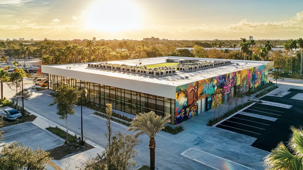 A commercial roof on a community recreation center in a location similar to Miami with a graffiti mural aesthetic (AI image)
