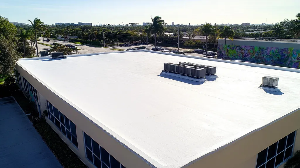 A commercial roof on a community recreation center in a location similar to Miami with a graffiti mural aesthetic (AI image)