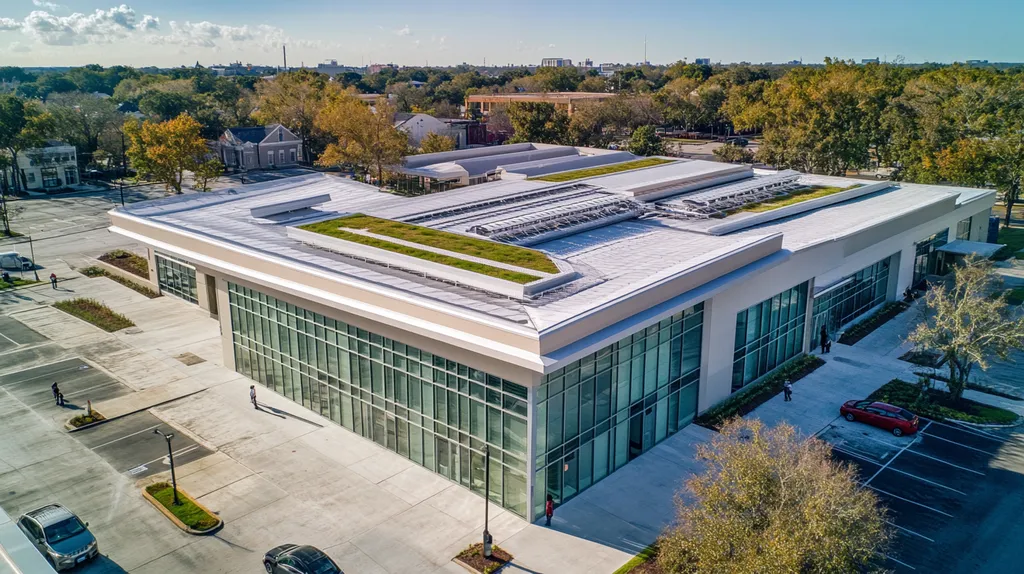 A commercial roof on a community recreation center in a location similar to New Orleans with an architectural photography aesthetic (AI image)