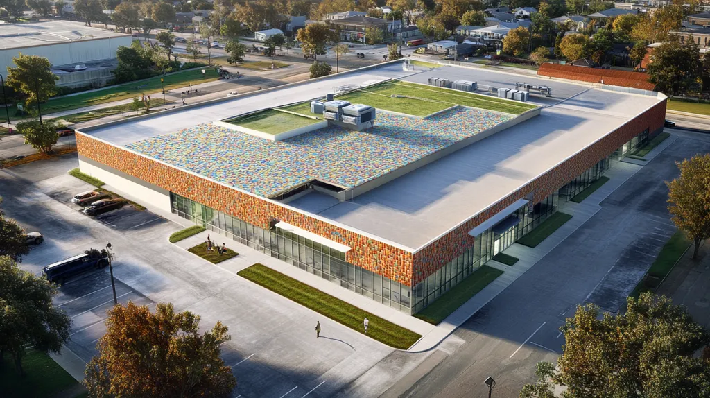 A commercial roof on a community recreation center in a location similar to New Orleans with a mosaic tile art aesthetic (AI image)