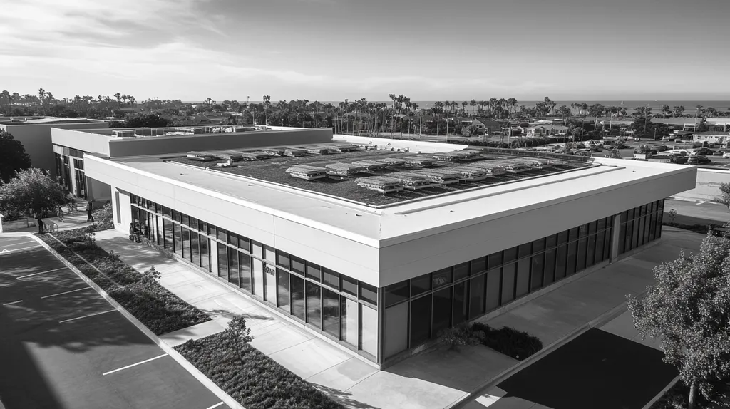 A commercial roof on a community recreation center in a location similar to Newport Beach with a black and white photography aesthetic (AI image)