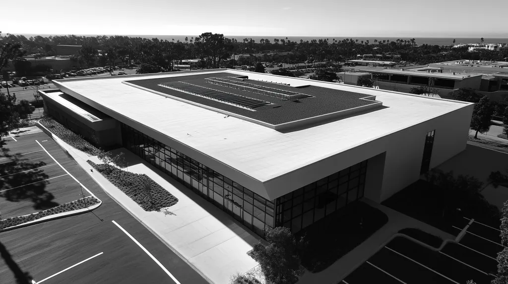 A commercial roof on a community recreation center in a location similar to Newport Beach with a black and white photography aesthetic (AI image)