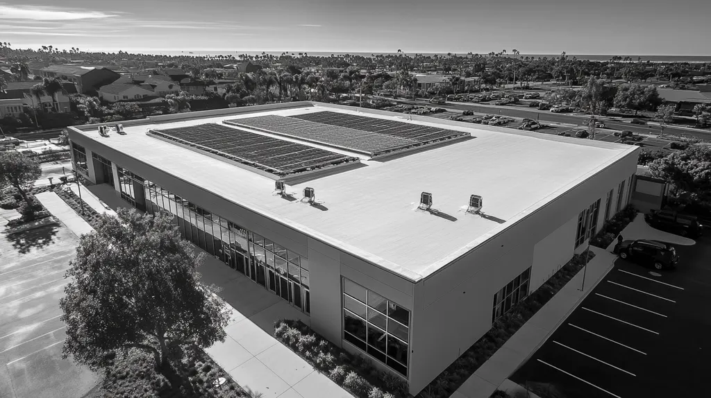 A commercial roof on a community recreation center in a location similar to Newport Beach with a black and white photography aesthetic (AI image)
