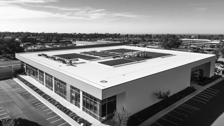 A commercial roof on a community recreation center in a location similar to Newport Beach with a black and white photography aesthetic (AI image)