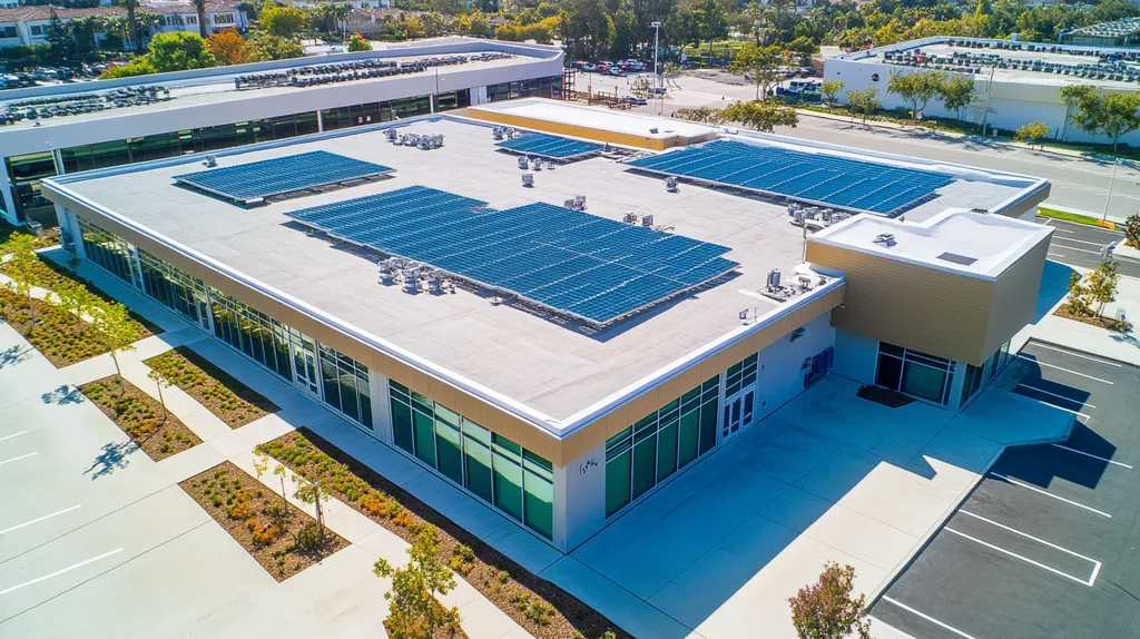 A commercial roof on a community recreation center in a location similar to Newport Beach with a cross-processed look aesthetic (AI image)