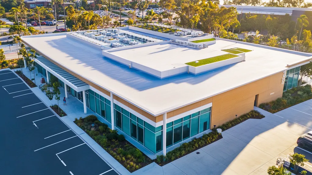 A commercial roof on a community recreation center in a location similar to Newport Beach with a cross-processed look aesthetic (AI image)