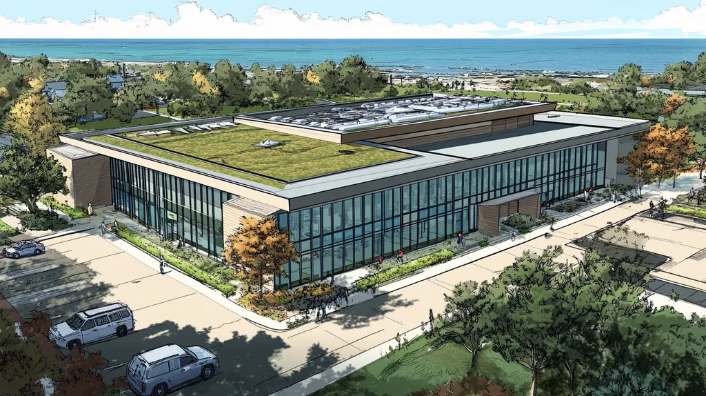 A commercial roof on a community recreation center in a location similar to Newport, Rhode Island with a comic book style aesthetic (AI image)