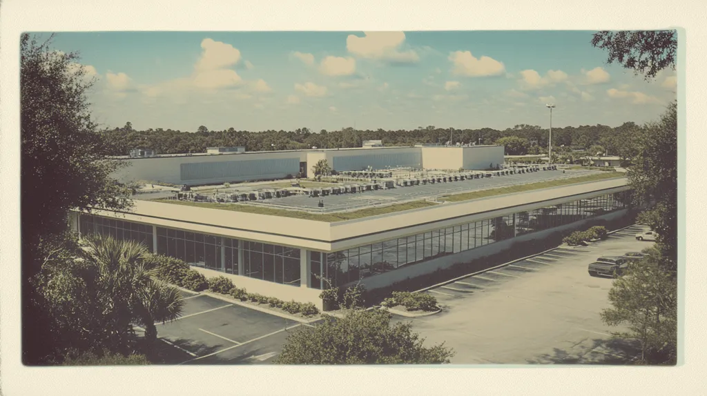 A commercial roof on a community recreation center in a location similar to Orlando with a Polaroid aesthetic (AI image)